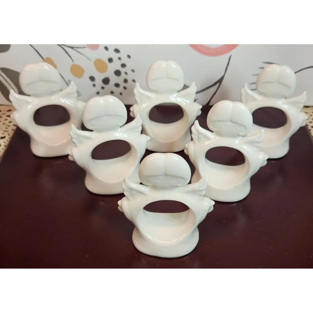Set of 6 Porcelain Off-White Angel Cherub Napkin Rings